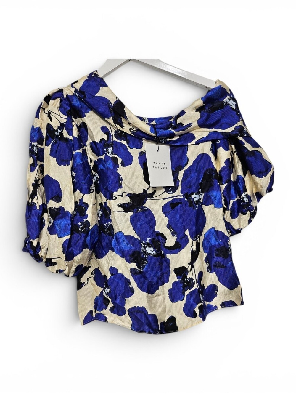 TANYA TAYLOR One-Shoulder Blue Floral Blouse with Balloon Sleeves